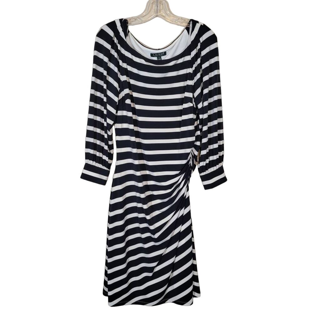 Lauren Ralph Lauren Striped Side Ruched Dress Black White Size 14 Flattering Fit